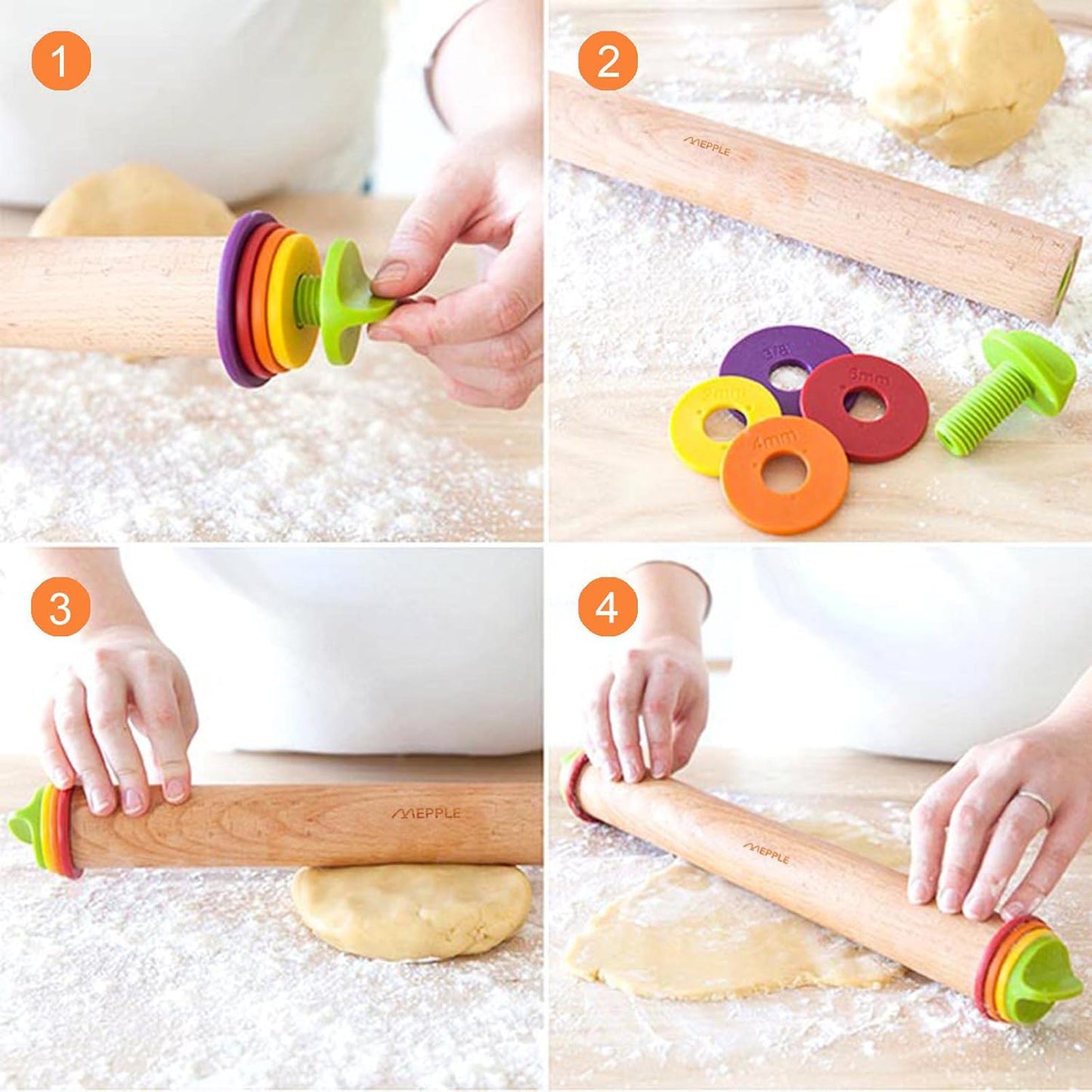 Rolling Pin with Thickness Rings and Pastry Baking Mat, 13.6" Adjustable Wooden Rolling Pin Dough Roller for Baking Cookie Pizza, Comes with Large Silicone Pastry Mat and Wooden Stand