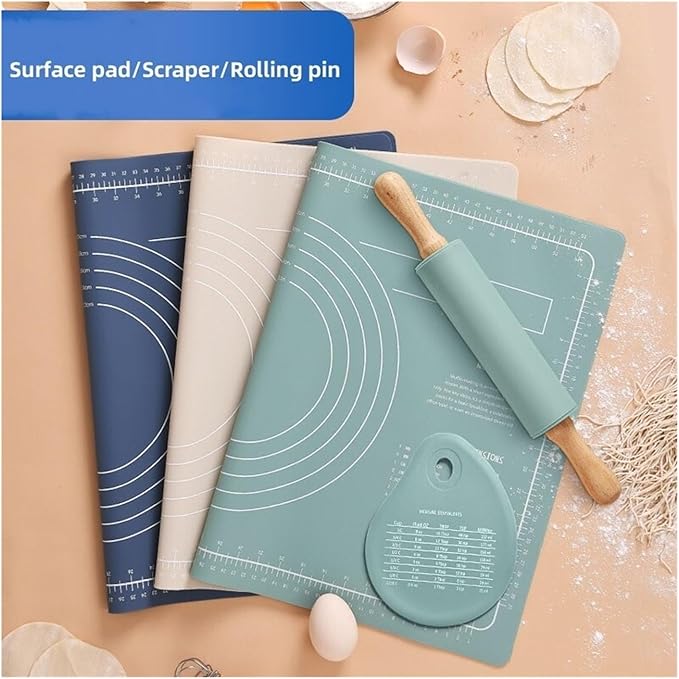 Silicone Measuring Kneading Pad Set Household Rolling Pin Dough Large Thick Non-slip Non-stick Bottom Baking Tool(Kneading pad green)