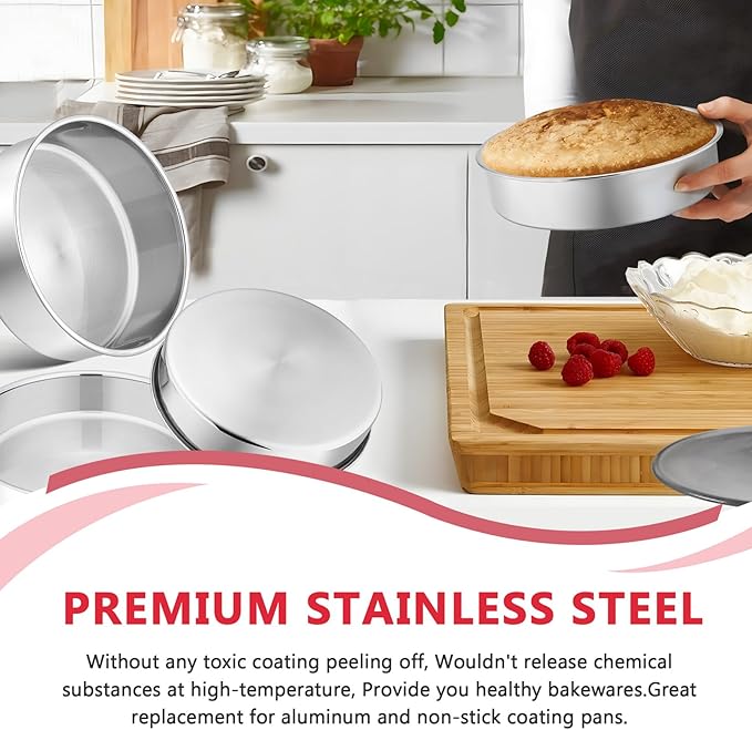 P&P CHEF 8 Inch Cake Pan Set of 2, Stainless Steel Round Baking Layer Cake Pans, Non Toxic & Healthy, Leak-proof & Easy Clean, Mirror Finish & Easy Releasing, Oven & Dishwasher Safe