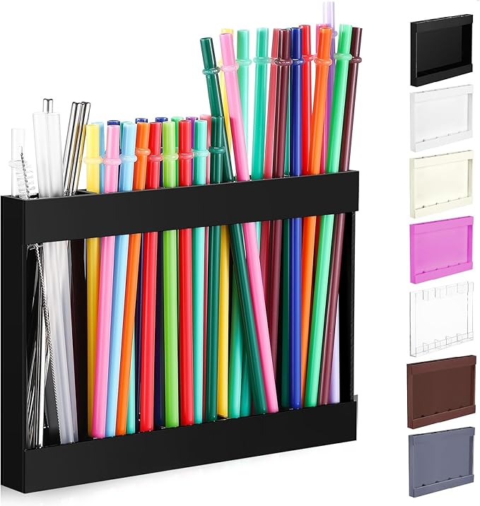 Qinyoung Acrylic Straw Holder for Cabinet Door with Double Sided Adhesive Tape Reusable Straw Organizer Tumbler Storage Kitchen Accessories Container for Counter Cupboard(Classic,Large,Black)