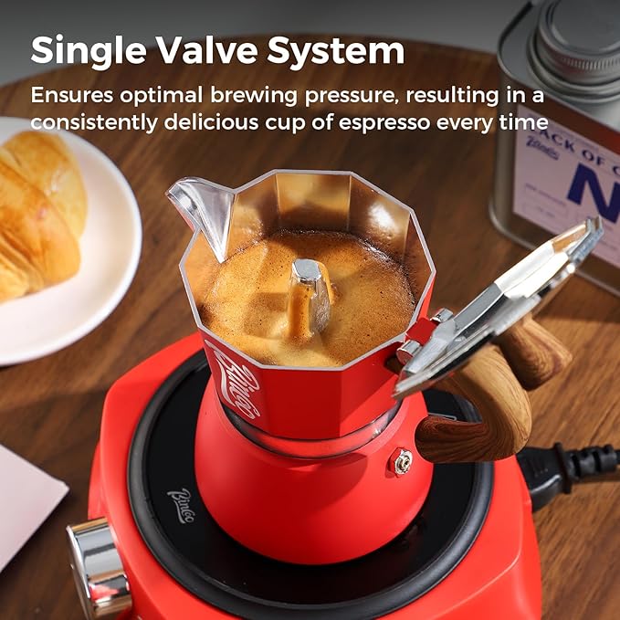 Bincoo Espresso Maker Stovetop, Moka Pot 3 Cups, Espresso Pot Classic Italian Coffee Maker,Single Safety Valve (Red, 3 Cup)