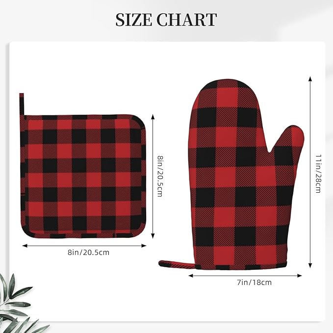 Red Black Buffalo Plaid Checker Oven Mitts and Pot Holders Set Silicone Heat Resistant Red Black Checker Kitchen Gloves Set Plaid Kitchen Mittens Pot Holders for BBQ Cooking