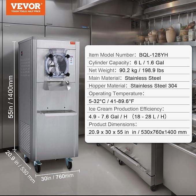 VEVOR Ice Cream Maker for Commercial Use, Produces 18 Liters per Hour, 1780W, Offers Single Flavor, Equipped with Wheels, 6L Stainless Cylinder, LED Display, Automatic Cleaning & Pre-cooling Functi