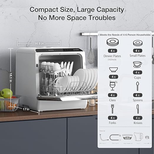 BLITZHOME Portable Dishwasher Countertop, WIFI Smart Dishwasher, Compact Dishwashers with 5L Built-in Water Tank, 6 Programs, 360° Dual Spray, High-Temp& Air-Dry Function, Fruit Cleaning