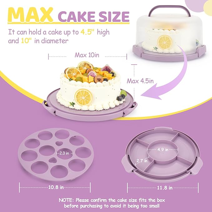 Ohuhu Cake Holder, BPA-Free Cake Carrier with Lid and Handle Cake Transport Container Portable Cake Keeper Two Sided Base for Pies Cookies Nuts Fruit etc - Suitable for 10 inch Cake Gifts