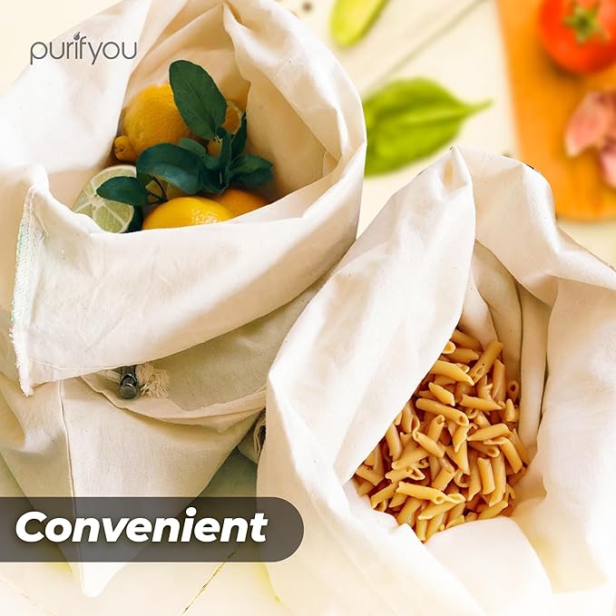 purifyou Set of 9 Mini Tote Bags with Drawstring, Reusable Organic Cotton Canvas Bags for Grocery Shopping, Dry Goods, Beach Essentials, Storage, and Travel, Washable (Large, XL)