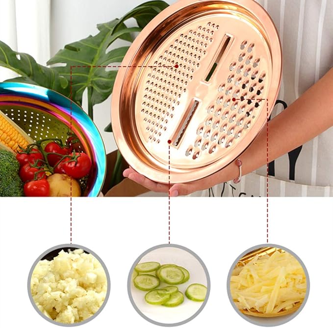 3-In-1 Multifunctional Grater Basin Colander Strainer Set, Mingcheng Stainless Steel Kitchen Grater/Drain Basket/Bottom Basin for Washing Rice, Fruits, Vegetable, Grater with Container (Silver)