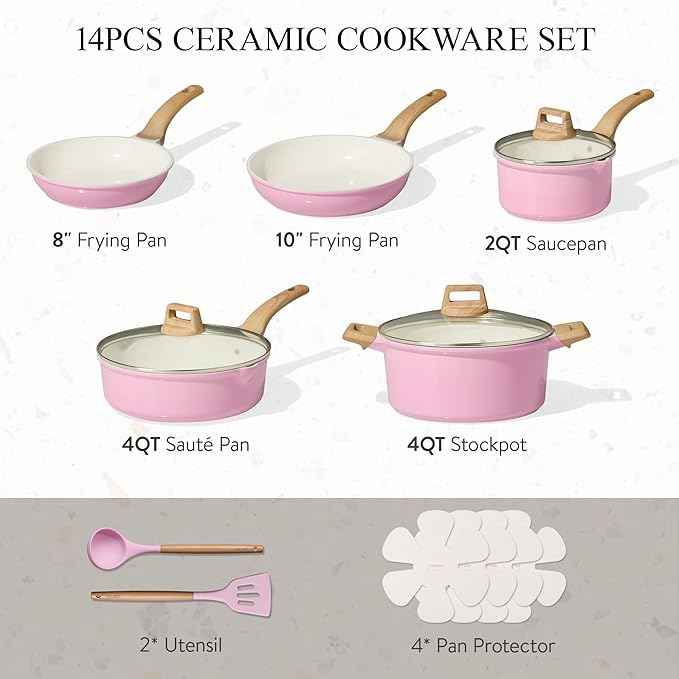CAROTE Ceramic Cookware Set, 14 PCS Pots and Pans Set Non Stick, Pot and Pan Set with Frying pan, Induction Ready Cooking Set for Kitchen, PFOS/PFOA/PFAS Free, Pink