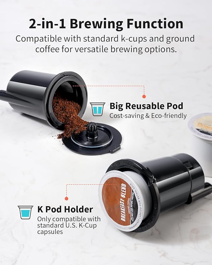 KIDISLE Hot & Iced Single Serve Coffee Maker for K Cup & Grounds, 6–16oz Brew Sizes, 40oz Water Tank, Reusable Pod Filter, Easy-to-Use for Home, Office, Dorm, Black