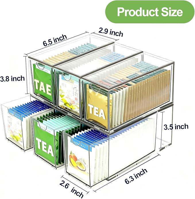 6 Pack Stackable Tea Bag Organizer Drawers – Clear Acrylic Tea Bag Holder for Cabinet, Drawer, Pantry, Countertop – Kitchen Tea Storage Container