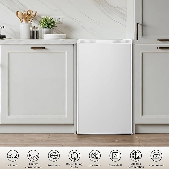 Antarctic Star 3.2 Cu.Ft.Compact Refrigerator with Freezer, Mini Fridge Single Door with Adjustable Thermostat,Removable Glass Shelves for Apartment,Dorm,Office,Kitchen，WHITE