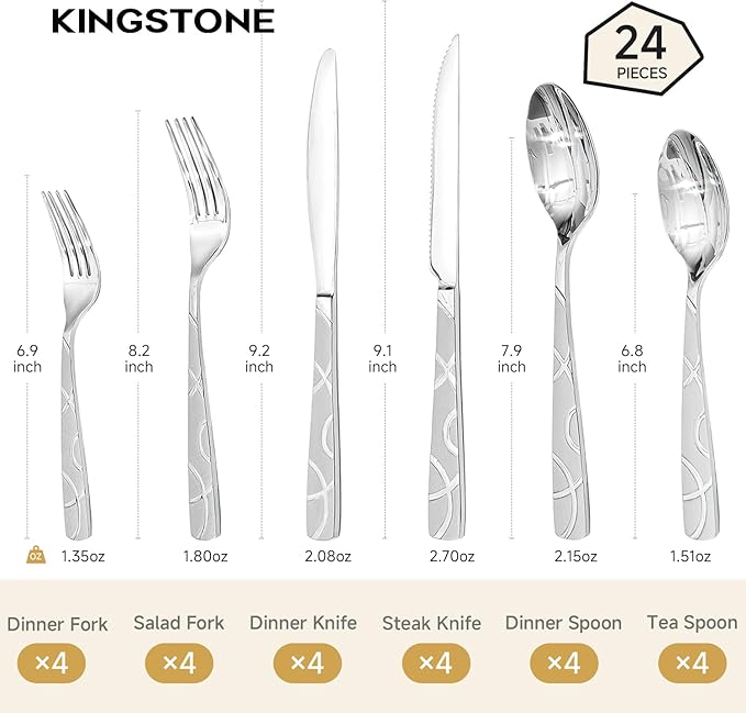 HIKAA 24PCS Stainless Steel Silverware Set with Steak Knives, Modern Flatware Set for Kitchen, Mirror Polished Cutlery Set with Forks, Spoons and Knives，Dishwasher Safe