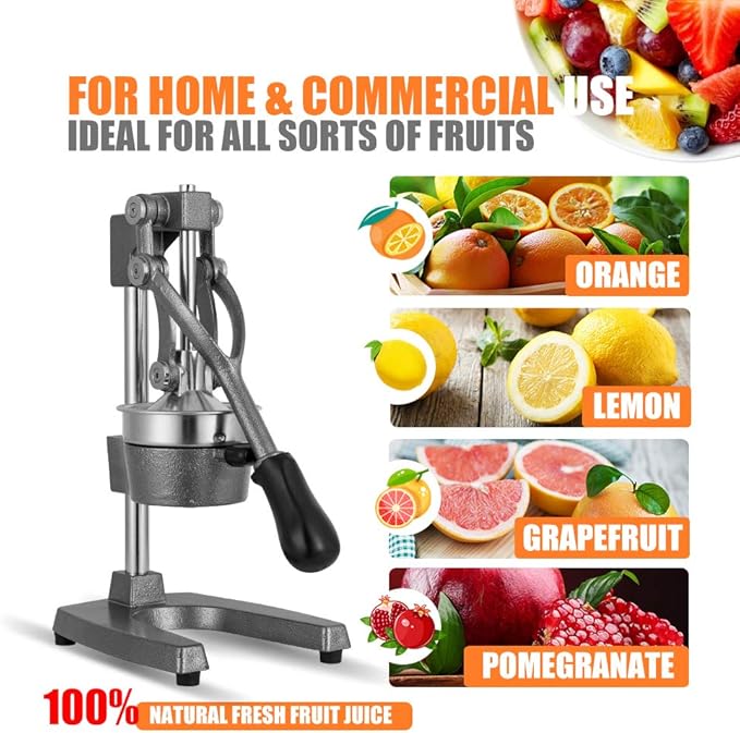 Commercial Heavy Duty Cast Iron Hand Press Manual Orange Citrus Lemon Lime Grapefruit Pomegranate Fruit Juice Squeezer Machine with Stainless Steel Cup Grey