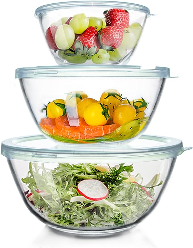 WhiteRhino Glass Mixing Bowls Glass Bowls with Lids Set(4.5QT,2.7QT, 1.1QT),Large Salad Bowls,glass mixing bowl Space-Saving Nesting Storage bowls for Cooking,Baking,Prepping,Dishwasher Safe