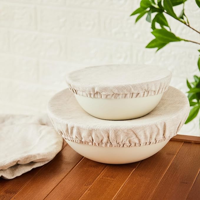 100% Pure Linen Bowl Covers For Bread Proofing, 2 Pcs 8 Inches Elastic Reusable Solid Color Cloth Fabric Bowl Covers,Small Organic Washable Large Stretch Sourdough Lids, Linen