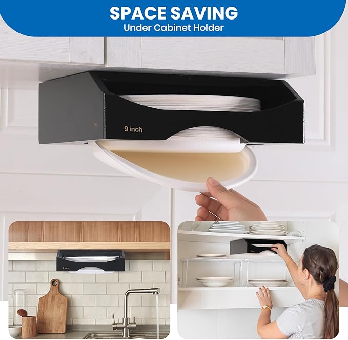 9-inch Paper Plate Dispenser Under Cabinet, Bamboo Paper Plate Holders, Kitchen Counter Vertical Plate Dispensers Holders Countertop Caddy(For 9-inch Plates, Black)