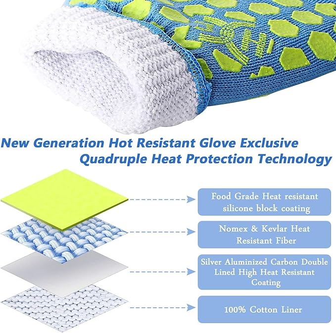 J H Heat Resistant Oven Glove: EN407 Certified 932 °F BBQ & Oven Mitts for Grlling, Baking, Kitchen, Camping,Fireplace Indoor&Outdoor 1 Pair