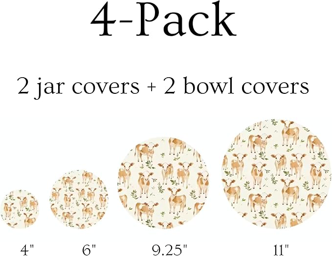 (4-Pack) Sourdough Reuseable Jar & Bowl Covers | Cute Baking Gift | 100% Cotton | Washable | Bread Proofing | Kitchen Food Storage Gifting | Starter Cover Lid Kit (Jersey Cow)
