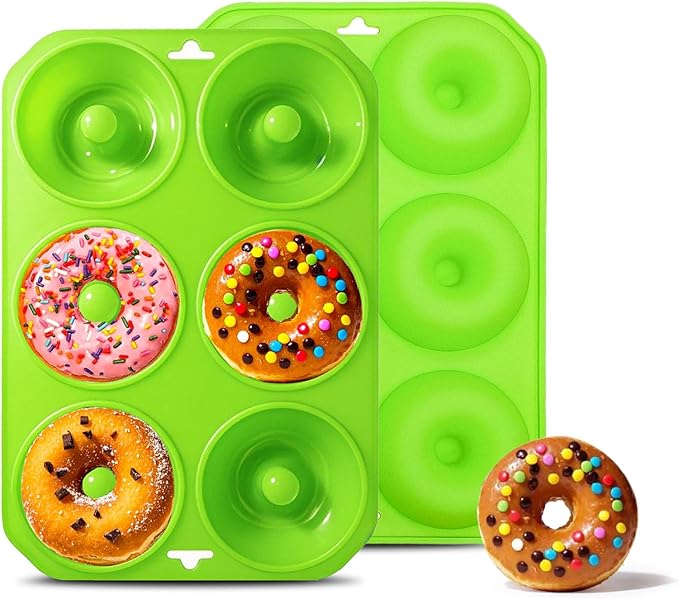 2PCS Silicone Donut Mold, 6 Holes BPA Free Donut Pan Baking Mold, Donut Pan for Baking Heat Resistant Doughnut Baking Pan Non-Stick Food Grade Silicone Doughnut Pan Set (Green)