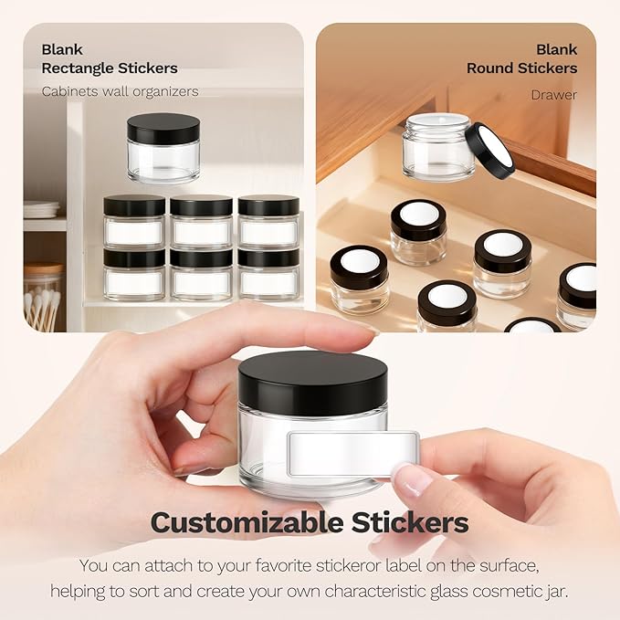1 oz Round Clear Glass Jars, Bumobum 105 Pack Cream Jars with Black Lids, Black and White Labels & Inner Liners, Empty Cosmetic Containers for Cream, Lotion