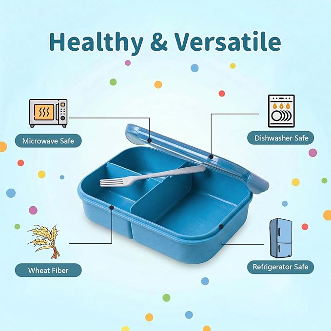 MISS BIG Bento Lunch Box for Kids – Wheat Material with Compartments, Leak-Resistant for School and Daycare (1150ml Nile Blue)