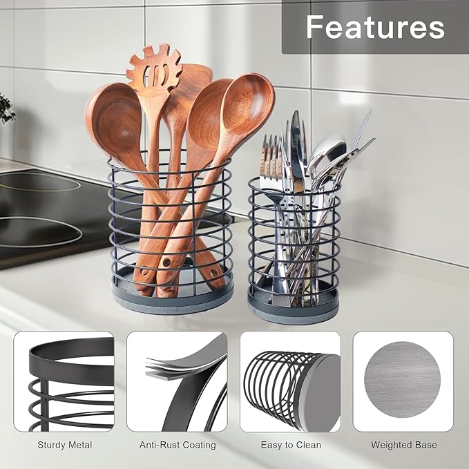 Set of 2 Utensil Holder, Large Metal Kitchen Utensil Holder and Small Silverware Holders with Diatomite Stone Base, Prevents Water Buildup, Utensil Drying Rack for Cooking Tools&Silverware, Black