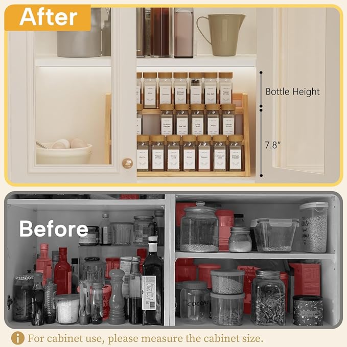 Bamboo Spice Rack Organizer -3-Tier Spice Rack for Countertop,Cabinet Spice Rack Organizer for 24 Spice Jars(4oz)，Step Shelf (yellow)
