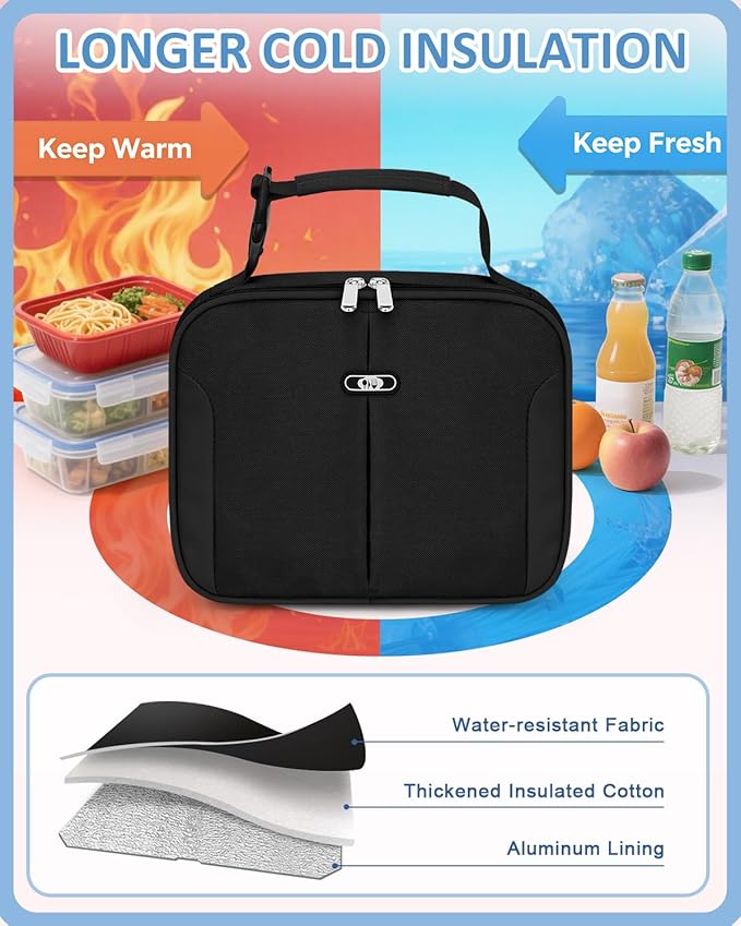 Capolo Insulated Lunch Box for Kids, Cute Thermal Lunch Bag for School, Reusable Lunch Tote for Boys and Girls, Durable Cooler Bag with Easy Grab Handle, Lightweight and Easy to Clean Meal Bag, black