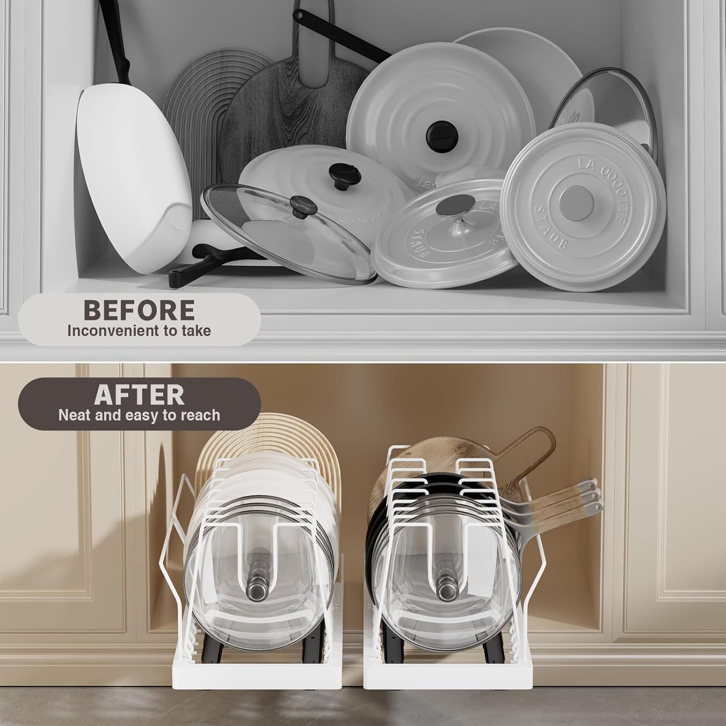 2 Pack Pots and Pans Organizer Under Cabinet, 22" Deep Expandable Pull Out Pot Lid Organizer and Storage with 10 Adjustable Dividers No Drill Pot and Pan Holder Rack with Handle Bracket(White)