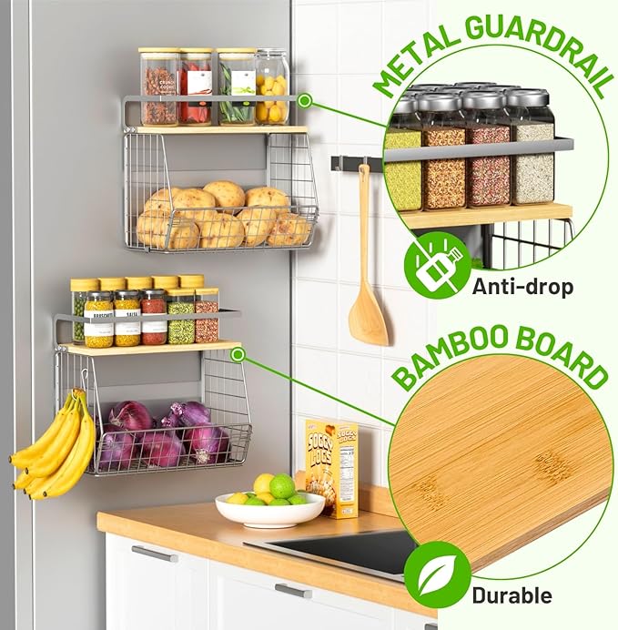 Ofiray-home Magnetic Fridge Shelf with Wood Lid, Fruit Potato Onion Storage Bins, Pantry Organizers, Large Container Spice Rack for Refrigerator, Kitchen Counter, Cabinet (1, Silver)