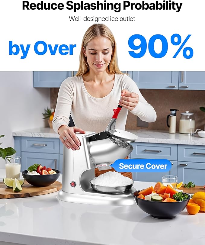 VEVOR Ice Crusher Machine, 220lbs Per Hour Electric 4 Blades Snow Cone Maker, Stainless Steel Shaved Ice Machine with Bowl and Cover, 300W 2000RPM Ice-Shaver for Home and Commercial Use, Silver