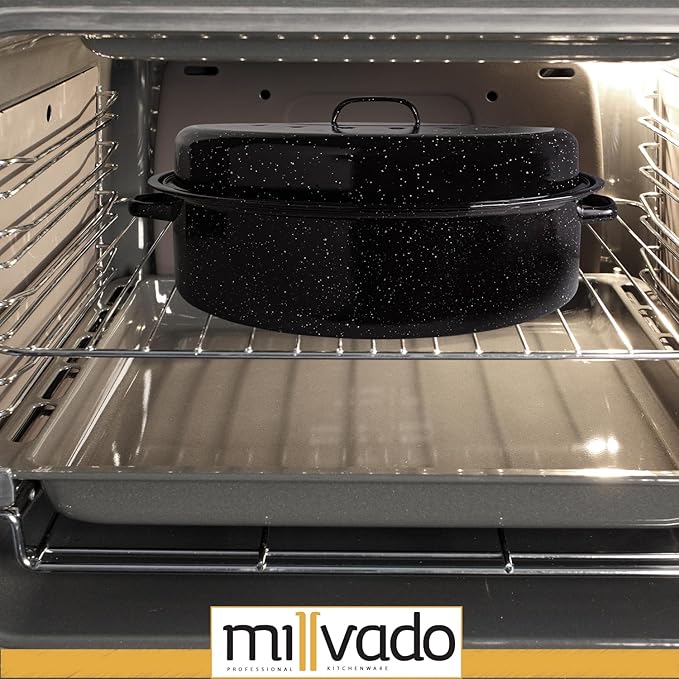 Millvado Granite Roasting Pan, 10 lb Capacity Turkey Roasting Pan with Lid, 15" Granite Oven Roaster Oval Shaped Speckled Enamel on Steel Cookware
