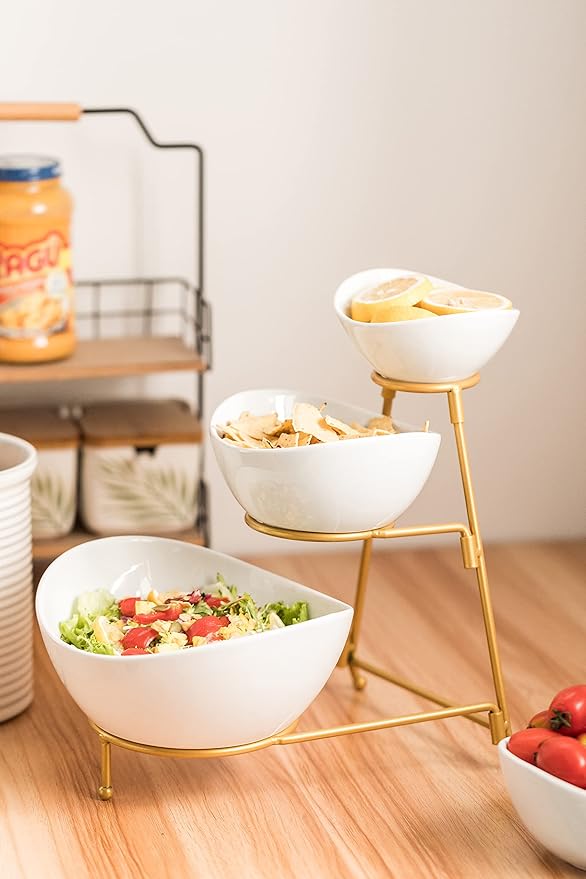 LAUCHUH 3 Tier Serving Stand Serving Dishes for Entertaining Porcelain Oval Bowl Set Tiered Serving Tray for Fruit, Vegetable, Nuts, Salad, Chip Dip Bowl Set for Easter, Mother's Day, Gold