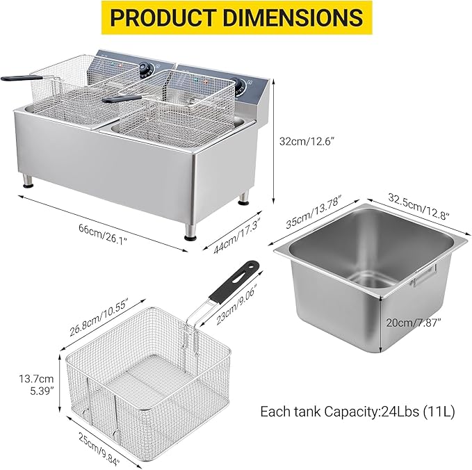 23.2 QT/22 L Commercial-Grade 3400W Deep Fryer，2 Extra-Thick Baskets with 304 Stainless Steel, Electric Fryer Splash Guard Lid & Adjustable Thermostat for Restaurant, Catering, Home Kitchen