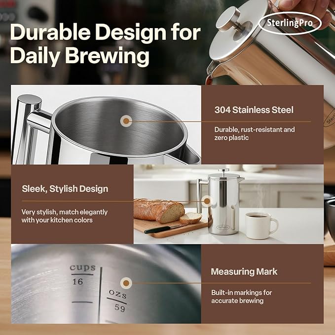 SterlingPro Stainless Steel French Press Coffee Maker 1.75 L (59 oz) Mirror – Double Walled Insulated Extra Large French Press, Durable Design Keeps Drinks Hot, Easy to Use and Clean for Rich Flavor