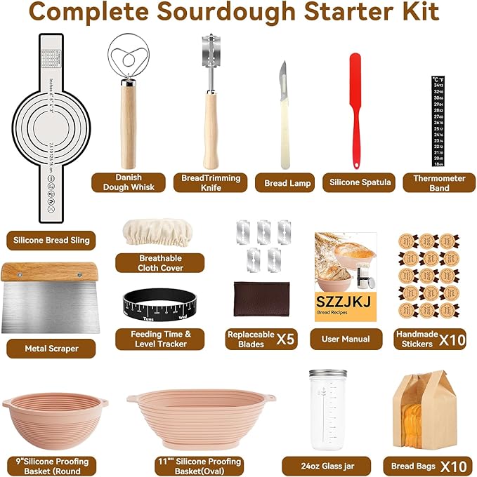 Sourdough Starter Kit, 24PCS Sourdough Bread Baking Supplies, 9"Round & 11"Oval Banneton Bread Proofing Basket, Bread Sling, Starter Jar, Whisk, Scrapers, Bread Lame, Bag, Sour Dough Making Tools Kit