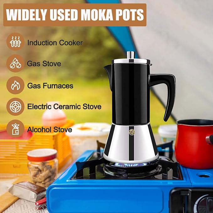 4 Cup Thickened 304 Stainless Steel Moka Pot Stovetop Espresso Maker Cafeteras Italian Percolator Espress Makers Capable Greca Mocha Coffee Machine for Induction Home and Camping 200ml 6.6oz