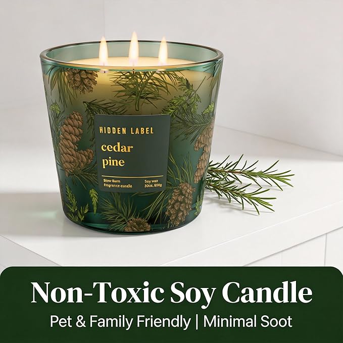 Cedar Pine Scented Candle, 30oz Natural Soy Wax, 3 Wick Large Winter Forest Candle for Home, 100+ Hours Clean Burn, Fresh Cut Christmas Tree Aroma for Holiday Decor, Stress Relief & Gifting