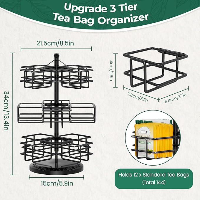 EsLuker.ly Tea Bag Holder Organizer for Counter 3 Tier Metal Teabag Storage Rack, Spinning Carousel Packet Display Stand, Tea Organizer Station with Easy Access for Kitchen Office, Black