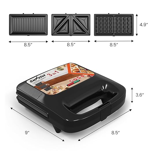 3 in 1 Waffle, Grill & Sandwich Maker, Sandwich Maker Panini Press Waffle Iron Set with Removable Non-Stick Plates & Indicator Lights, Panini Press Grill for Breakfast, 800W, Black