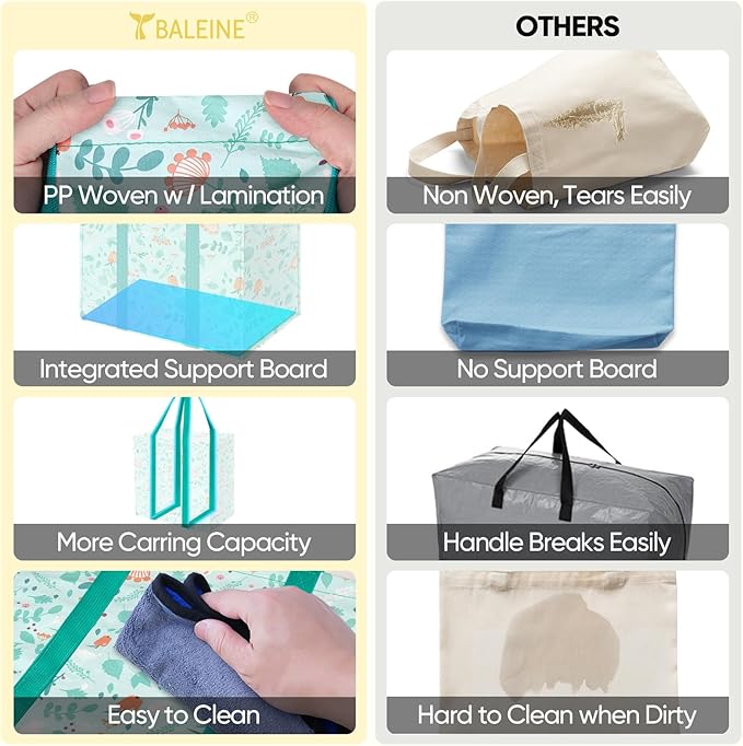 BALEINE 4 PK Grocery Bags Reusable Shopping Bags with Reinforced Bottom, Heavy Duty Foldable Tote Bags (Spring Stroll)