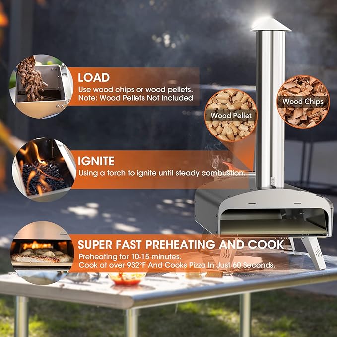 Mimiuo 12" Outdoor Wood Pellet Pizza Oven, 34.8 lbs Heavy Duty Stainless Steel Pizza Stove - 60 Second Pizza, Includes 13" Square Stone Foldable Peel & Cover - Portable for Backyard Camping