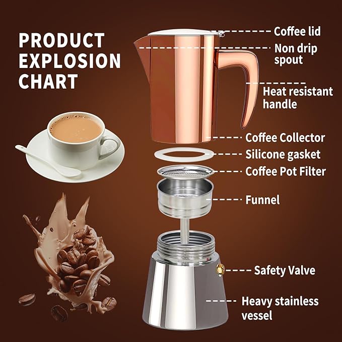 Stainless Steel Moka Pot Espresso Maker 6 Cups (10oz/300ml) - Italian Stovetop Coffee Maker for Gas & Induction Cooktops, Camping & Home Use, Durable Coffee Pot, Brown