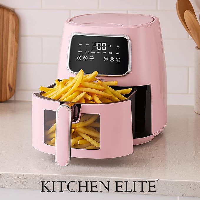 Kitchen Elite 5.5 Qt. Digital Air Fryer, Countertop Cooker with LED Screen, Presets for Air Fry, Roast, Dehydrate, Defrost and Reheat, Pink