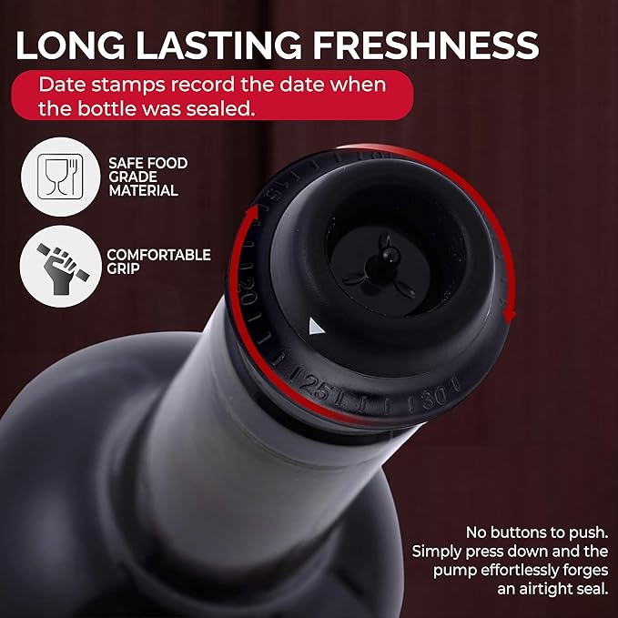 Levare - Rechargeable Wine Saver Vacuum Pump Sealer, Automatic Preserver with USB-C Charger & 4 Universal Bottle Stopper Plugs, Cordless Air Remover to Prolong Freshness, Ideal Gift for Wine Lovers