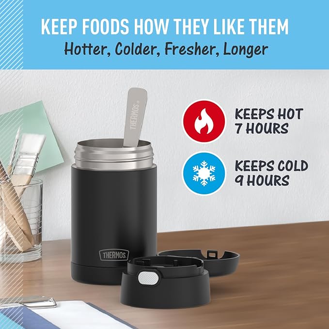 THERMOS FUNTAINER Insulated Food Jar, 16 Ounce, Kid Friendly Thermos Food Jar with Foldable Spoon, Matte Charcoal