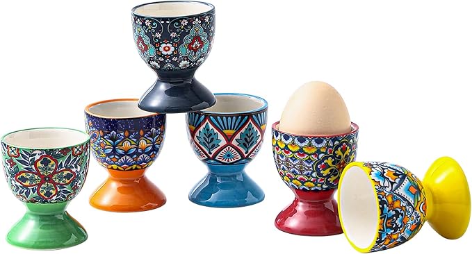 HENXFEN LEAD Boho Ceramic Egg Cups Set of 6 – Colorful Egg Holders for Soft & Hard Boiled Eggs, Microwave & Dishwasher Safe, Perfect for Breakfast & Easter