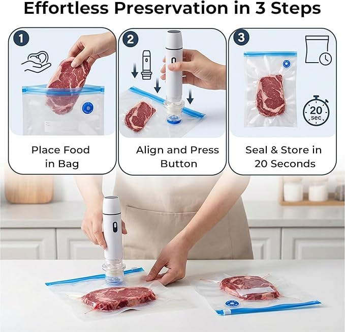 Vacuum Sealer + 15 Reusable Vacuum Bags Powerful Portable Vacuum Sealer for Food，White