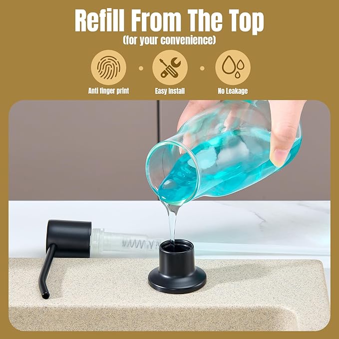 Built in Soap Dispenser for Kitchen Sink Countertop, Matte Black Stainless Steel Soap Dispenser Pump Head Refill from the Top with 11 Ounce Transparent Soap Bottle