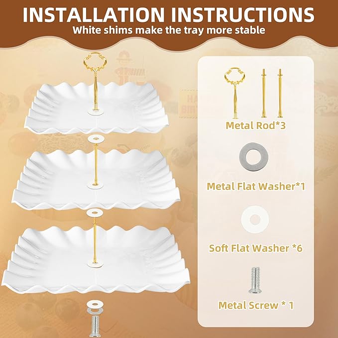 10 Pack Dessert Table Display Set - 4 x Three-Tier Square Cupcake Stands and 6 x Serving Trays, Elegant Tableware for Cakes, Cupcakes, Pastries, and Snacks, Perfect for Parties (White)